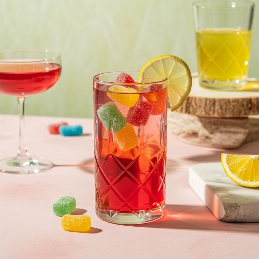 szklanka z drinkiem i żelkami
