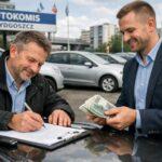 Klient podpisuje umowę sprzedaży auta i odbiera gotówkę