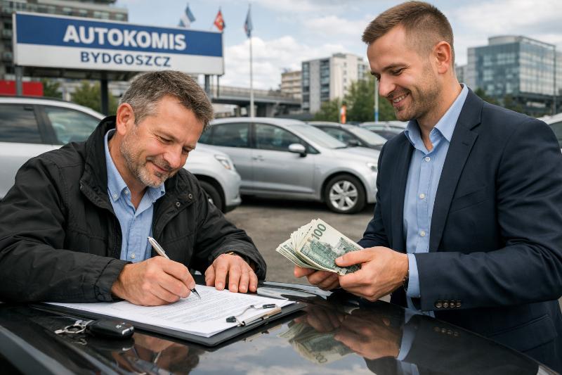 Klient podpisuje umowę sprzedaży auta i odbiera gotówkę