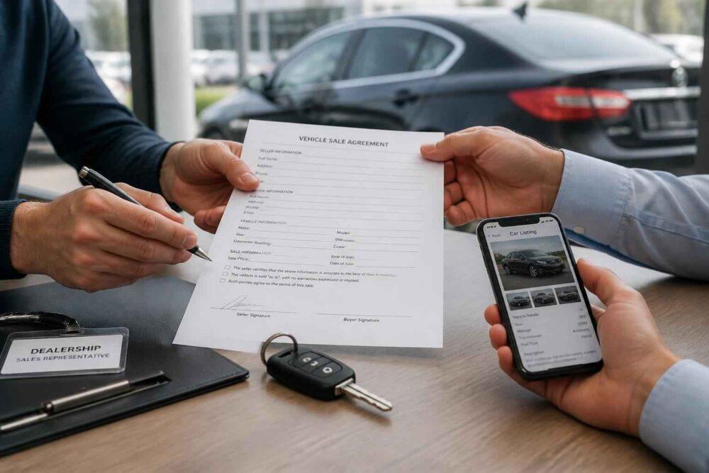 Dwie osoby podpisują umowę zakupu samochodu przy kluczach i telefonie ze zdjęciem auta